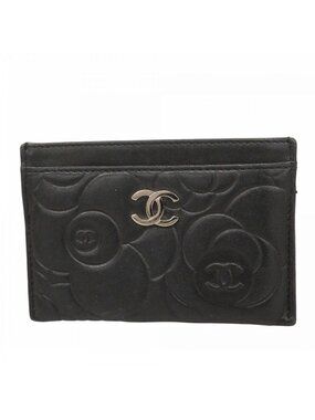 Chanel Card Case Camellia Lambskin Black Silver